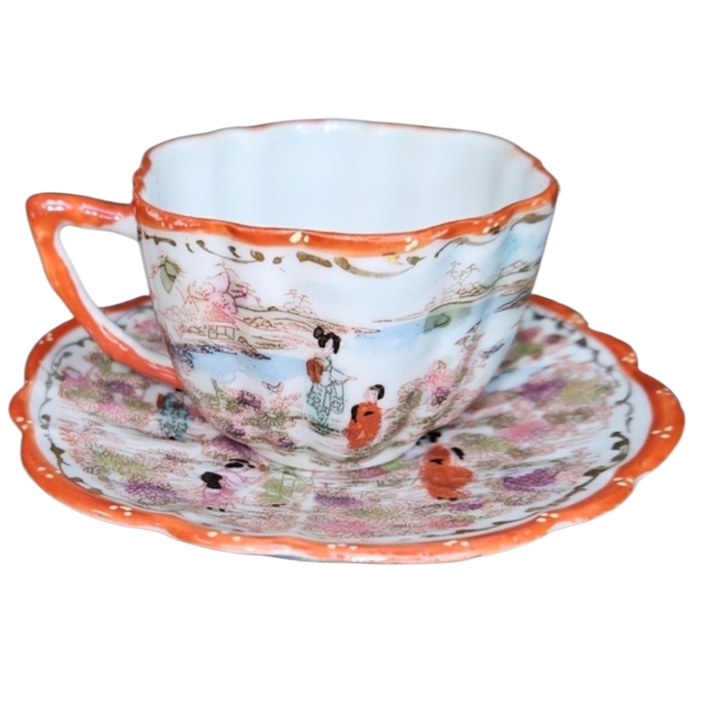 Vintage Japanese Geisha Girl Eggshell Porcelain Teacup & Saucer Set Kutani